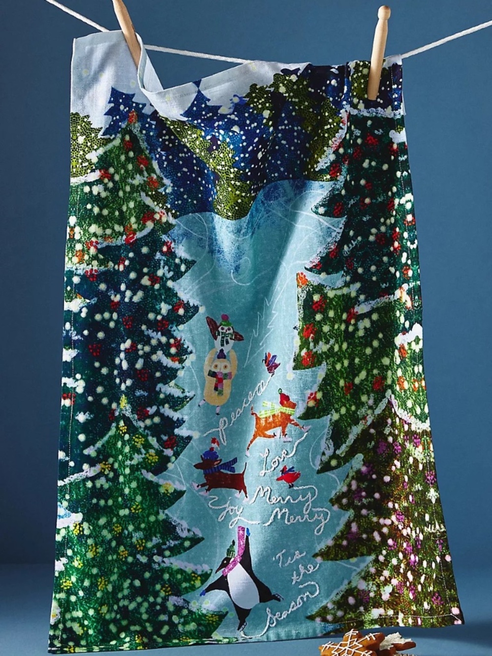 NWT Anthropologie Embroidered Animal Holiday Christmas Skating Tea Kitchen Towel